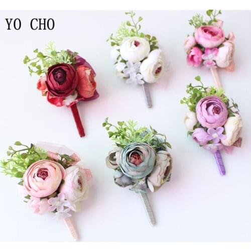 YO CHO Artificial Silk Rose Flower Bridal Wrist Corsages Groom Boutonniere Brooch Bridesmaid Hand Flowers for Prom Party Meeting