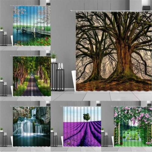Green Leaves Trees Purple Lavender Waterfall Ocean Jetty 3D Printing Shower Curtain Home Decoration Screen Kitchen Curtains