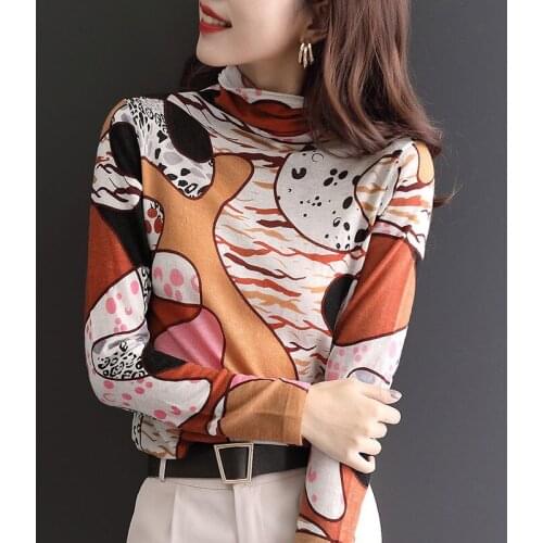 2021 Spring Autumn New Womens Long Sleeve Printed Blouse Women Elegant Turtleneck Tops Ladies Fashion Casual Knitted Shirt W752