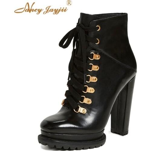 Jesna Woman Ankle Boots Brand Black Ladies Shoes Dress Party Autumn Lace Up Super High Block Heels Chunky Platform Plus Size 44