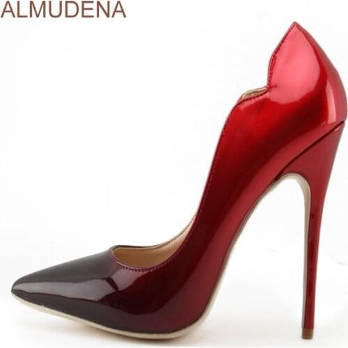 ALMUDENA Women Elegant Colorized High Heel Shoes Red/black Gradient Color Patchwork Dress Shoes Thin Heel Pumps Unique Design