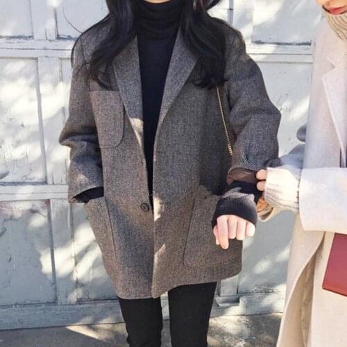 England Style Chic Thicken Winter Coat Women Korean Loose Vintage Plaid Wool Blazer Warm Plus Cotton Woolen Pockets Coats Kaban