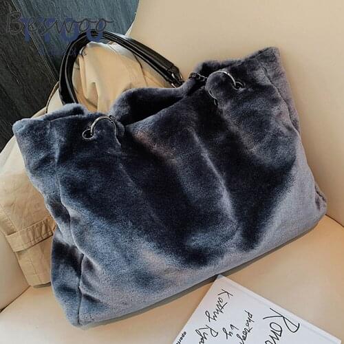 Winter Faux Fur Shoulder Bag Large Capacity Fluffy Solid Shopper Bags for Women Autumn Fashion Casual Plush Tote Bag Handbags