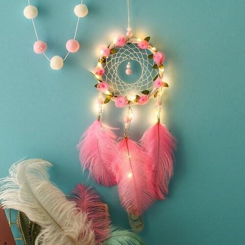 1PC Handmade Dream Catcher With Pink Feathers Night Light Car Wall Hanging Decoration Room Home Decor