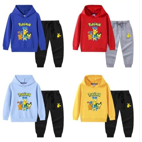 Pokemon 100% Cotton Anime Clothes Set Top Pants Pikachu Children Hoodies Soft Warm Sweatshirts Kids Cartoons Tops 2pcs Set