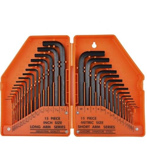 30Pcs Wrench Set Hex Key Allen Wrench 0.028"- 3/8" Inch & 0.7mm-10mm Metric Size Chromium-vanadium Steel Spanner Long Arm Tool