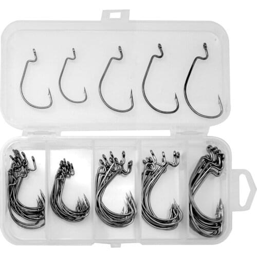WLDSLURE 50/100pcs Wide Crank Fishing Hooks Carbon Steel Offset Fishhook 2#-3/0#Bass Barbed Carp Fishing Hook For Soft Worm Lure