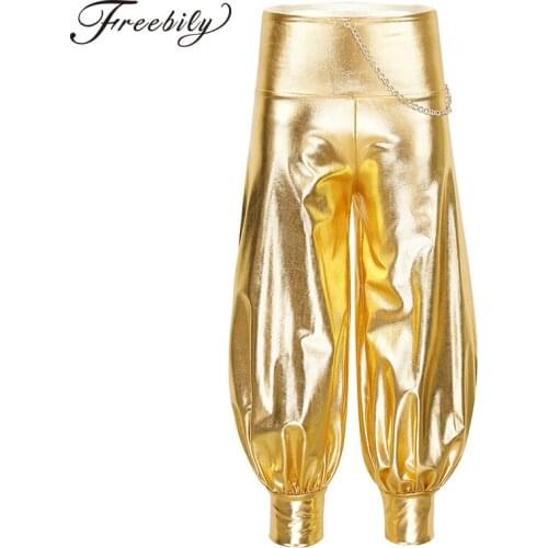 Child Girls Hip-hop Jazz Stage Dance Costume Streetwear Shiny Metallic High Waist Chain Loose Dance Harem Pants Kids Dance Wear