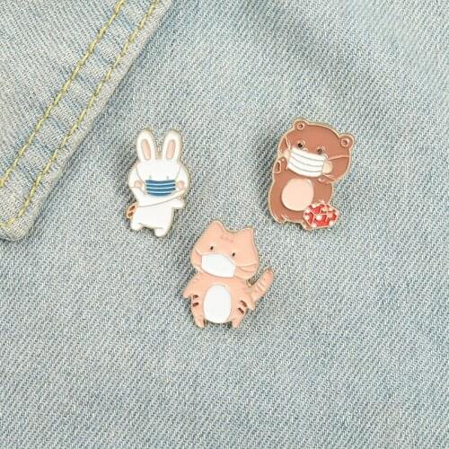 Mask Animal Enamel Pins Custom Funny Cat Bear Rabbit Brooches Shirt Lapel Pin Bag Badge Cartoon Jewelry Gift for Kids Friends