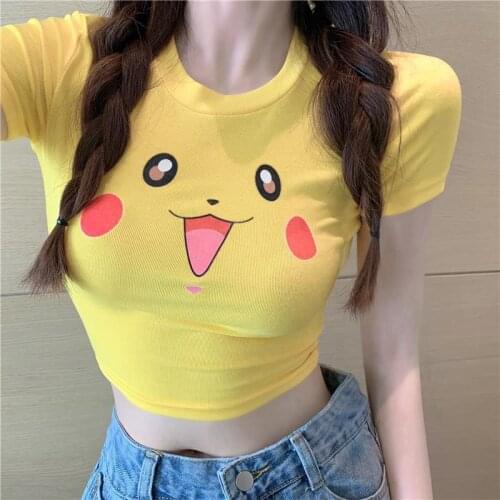 Summer Cute Cartoon Prints Tight Sleeve Sweet Hottie Bare Midriff Sexy Cotton Anime T-Shirt Fashion Funny Design Crop Tops