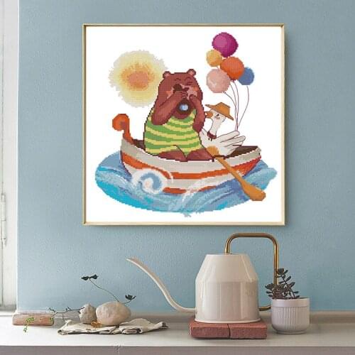 Rowing Bear Painting Counted 11CT 14CT DIY Chinese Cross-stitch Kit Printed Embroidery Needlework Set for Home Bedroom Decor