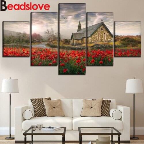 Diamond Embroidery Full Display Church poppy Field Scenery Cross Stitch Diamond Painting house Pictures Of Rhinestone painting