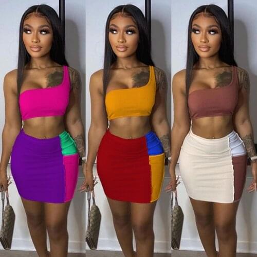 Adogirl Colorful Patchwork Two Piece Set Dress Woman One Shoulder Crop Tank Top And Bodycon Mini Skirt Clubwear Matching Sets
