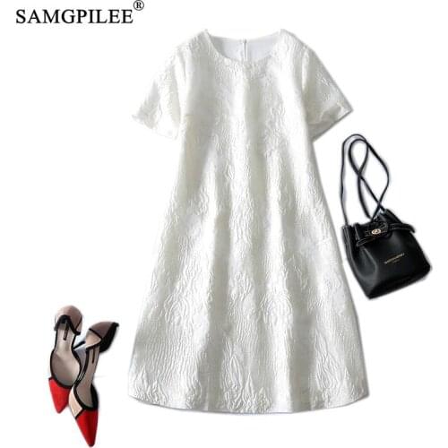 Summer Clothes For Women 2021 New French Hepburn Style Jacquard Bright Silk Party Dress Short-sleeved Knee Length Dresses