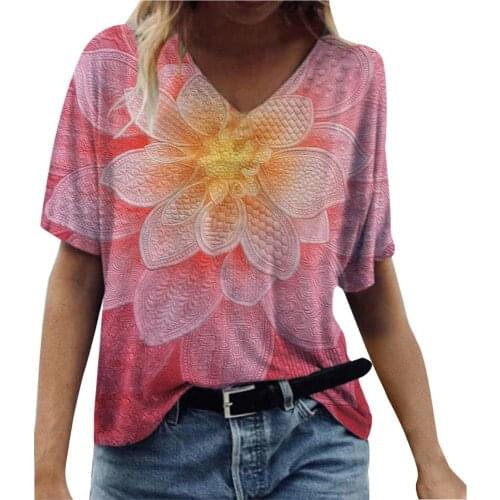 Fashion Womens Floral Printed Loose T Shirt Summer Round Neck Casual Tie Dye Short Sleeve Tops Plus Size Magliette #T1Q