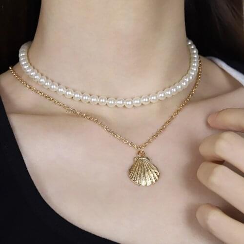 Fashion Personality Scallop Handmade Beaded Necklace Feminine Temperament Pearl Shell Double Set Choker Necklace Gift