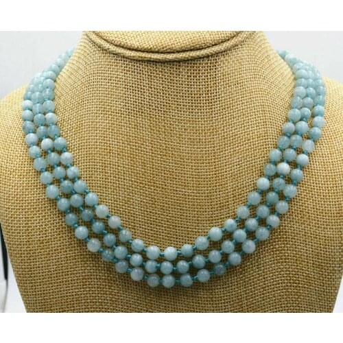 Natural 3 Rows 6mm Blue Aquamarine Beads Gemstone Beads Necklace 17-19" AAA