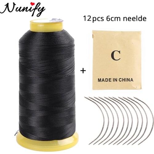 Nunify 1 Roll 2000M In Length Black Polyester Thread Wig Sewing Thread Hair Weaving Thread With Gift 1 Pc 6.5Cm C Curved Needle