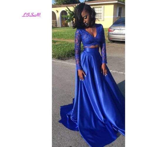 Royal Blue Black Girls Prom Dresses Two Piece Evening Formal Dress Sexy V-Neck Lace Long Sleeve High School Party Prom Gown 2020
