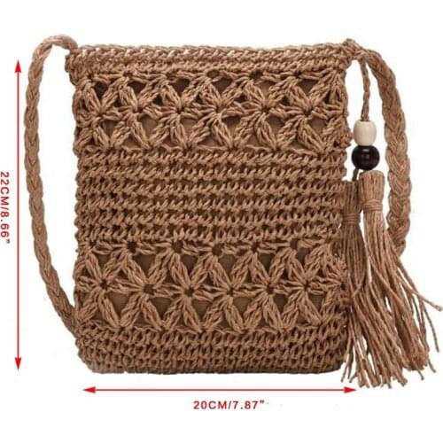 Beach Woven Straw Shoulder Bag with Tassel Boho Hollow Crochet Crossbody Handbag