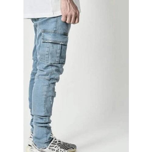 70% Dropshipping!!Multi-pocket mens jeans solid color denim mid-rise stretch skinny trousers