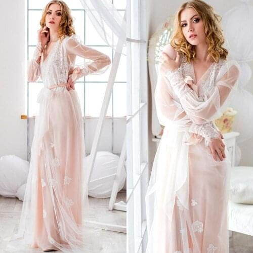 Blush Pink Bridal Robe Women Sleepwear Honeymoon Lingerie Tulle Robe Long Sleeve Bathrobe Nightwear Babydoll Dress Boudoir