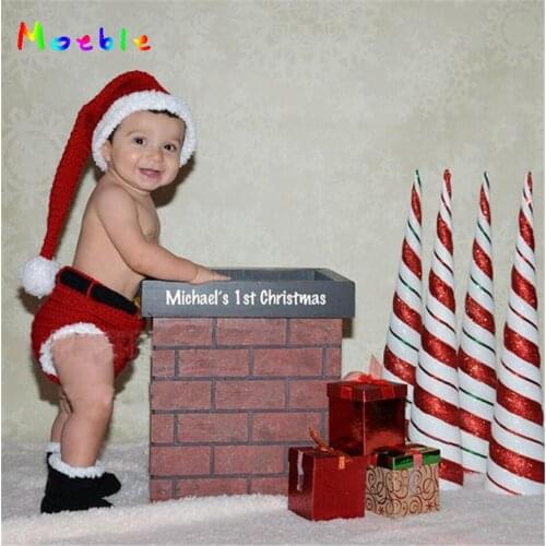 Moeble Newborn BABY Crochet Santa Clause Photography Props Santa Three Piece Set for babies Knitted Infant Boy Photo Props