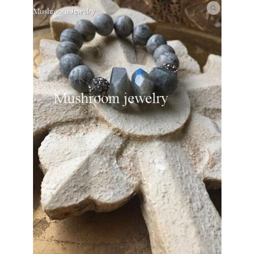 Boho Chic Pave Gunmetal Beads labradorite Chips Nugget Stacking Bracelet