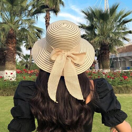 RYFIX New big brimmed hat ladies summer trend straw hat ribbon bow to prevent suntan Pure color stripe Sunbonnet #JX19