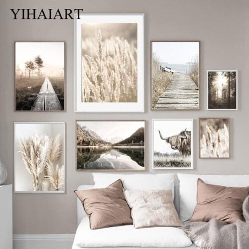 Scandinavian Canvas Wall Print Nature Grass Landscape Art Painting Cow Lake Decorative Picture Nordic Painting Modern Home Decor