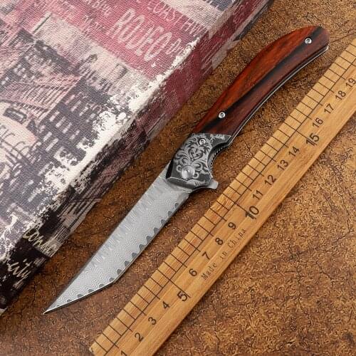 New Damascus steel blade wooden handle pocket camping survival hunting anti-body multifunctional EDC tool fruit folding knife