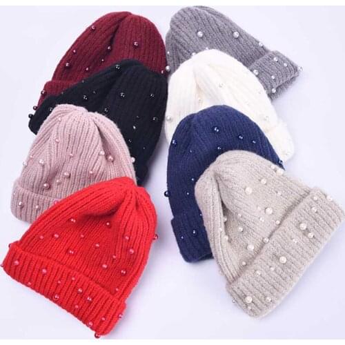 Warm Corduroy Beanie Hat With Pearls Solid Color Winter Cap Thick Skull Caps For Girls Lady Female Women Winter & Autumn Use