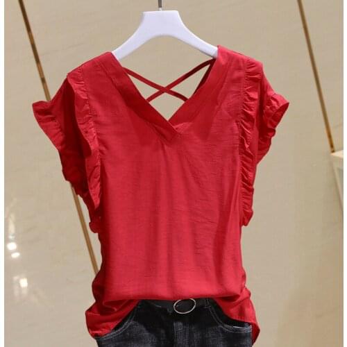 Solid v-neck chiffon women t-shirts summer new ruffles slim all match female pulls outwear tops