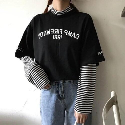 Female shirt tripe Patchwork TShirt Half Turtleneck Tee Shirts 2020 Spring Long SLeeve Tops Shirt Women Fashion Causal Clothing