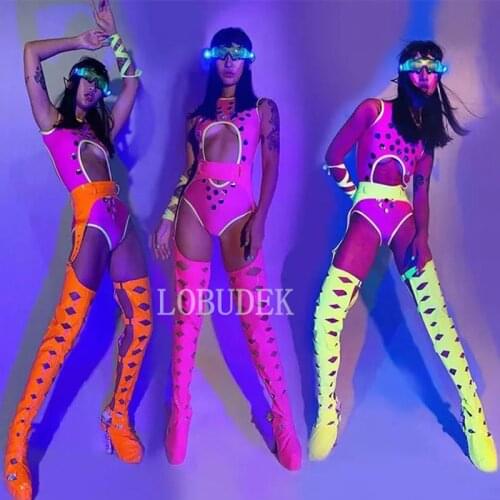 New DS Nightclub DJ Women Singer Leading Dance Team Costume Sexy Hollow Out Fluorescence Bodysuit LED Glasses Stage Outfit
