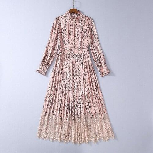 For Spring European 2021 and American womens wear Leopard print lace Long sleeve collar Fashion pleated Pink dress