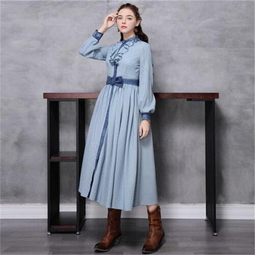 Women Ruffles Dress 2020 Vintage Original Womens Striped Slim A Line Dresses Long Sleeve Single Breasted Vestidos