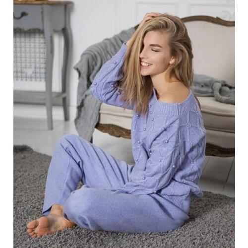 Winter Woolen and Cashmere Knitted warm Suit slash neck diamond Sweater + Mink Cashmere Trousers Leisure Two-piece wj1596