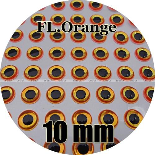 10mm 3D Fluorescent Neon Orange (Black Pupil) / Wholesale 280 Soft Molded 3D Holographic Fish Eyes, Fly Tying, Jig, Lure