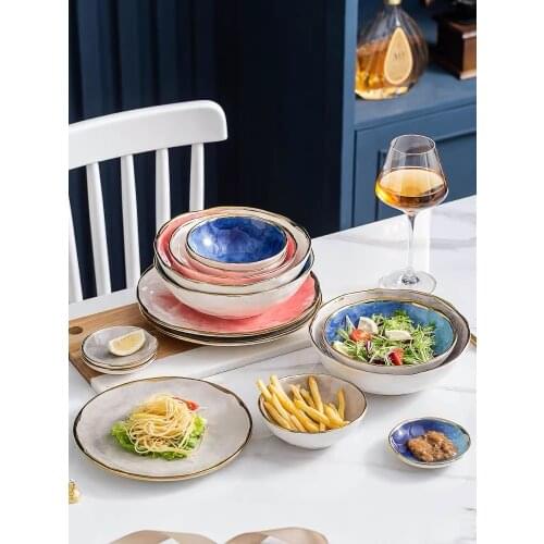 Ceramic Dinner Plate Dishes with Golden Rim Dinnerware Plates for Food Salad Bowl Dessert Plate Steak Plate Tableware Dropship