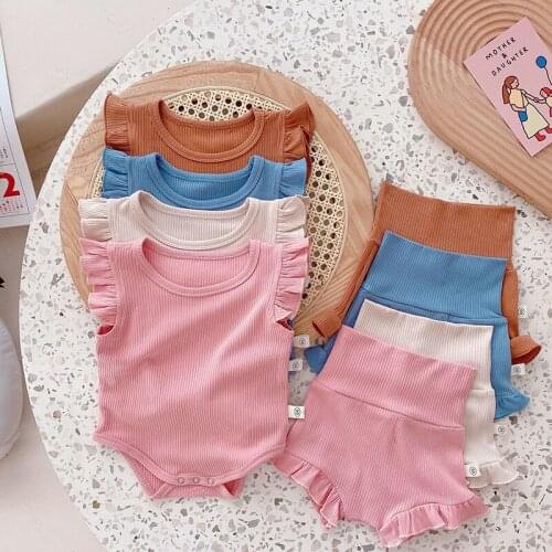 Summer New Kids Baby Girls Clothes Sets Cotton Ribbed Solid Color Fly Sleeve Romper+Shorts for Toddler Outfits Infant Costumes