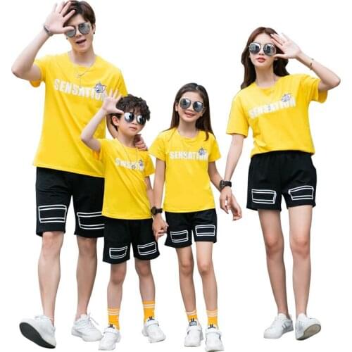 New Summer Family Matching Outfits Fashion Look Clothing Mother Baby Girl Father Boy Cotton Yellow T shirts & Shorts 2pcs/sets