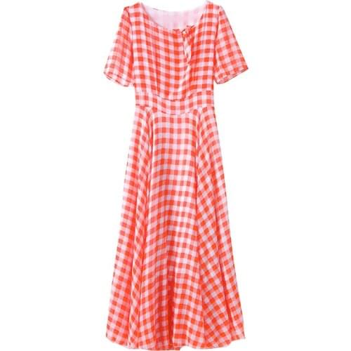 Fashion Plaid Dress 2021 Summer New Womens Chiffon Dress Slim Over The Knee Long Female Dress Large Size Short Sleeve Red Dress