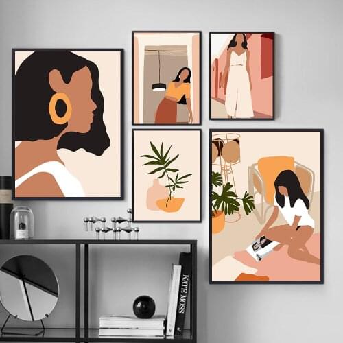 Morandi Style Color Canvas Painting Abstract Line Painting on The Wall Woman Feature HD Image for Living Room Home Decor