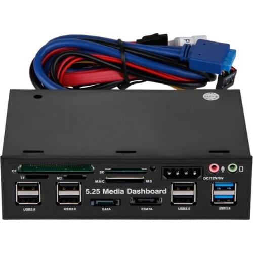 Multifuntion 5.25" Media Dashboard Card Reader USB 2.0 USB 3.0 20 pin e-SATA SATA Front Panel
