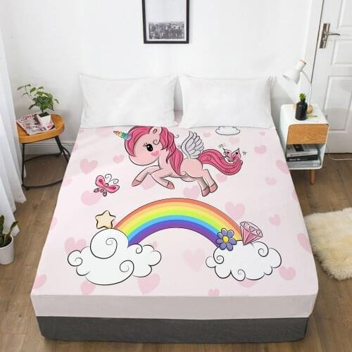 Pink Unicorn Cartoon Fitted Sheets Mattress Cover With Elastic Band 3D Bed Sheet Linens For Children Kids Baby Girls 135x200