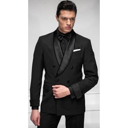 Jacket+Pants) Handsome Shawl Lapel Black 2 Piece Groom Tuexdos For Wedding Formal Prom Suit Party Evening Blazer Custom Made
