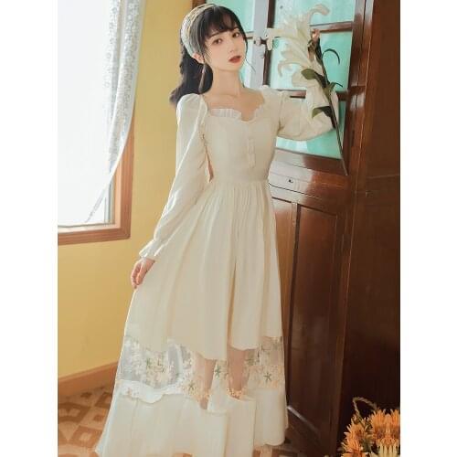 Spring French Ruffled Square Collar Elegant Retro Dress Women Embroidered Mesh Stitching Sweet Gentle Midi Dress