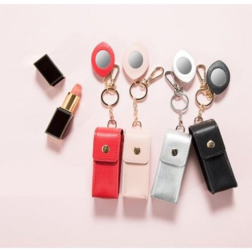 Mini Portable Pu Leather Key Chain Lipstick Storage Pouch with Mirror Perfume Jewelry Pocket Cosmetic Bag Keychain Accessories