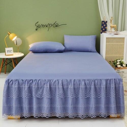 Princess Style Bed Sheet Embroidery Lace Solid Blue Bed Dress Mattress Protect Cover Sleeping Bed Skirt Sheets for Double Bed